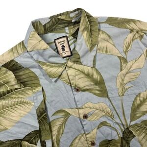 Jamaica Jaxx Silk Button Up Camp Shirt Men's XL Blue Green Tropical Leaf Resort